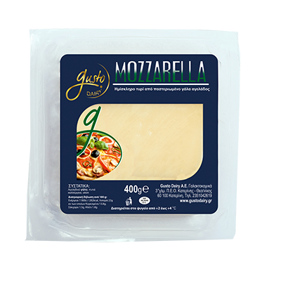 Mozarella is a yellow cheese produced by 100% cow milk.